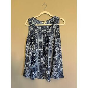 Style & Co Aztec Plaid Button-up Print Tank Top Blue Flowy Women's S Oversized